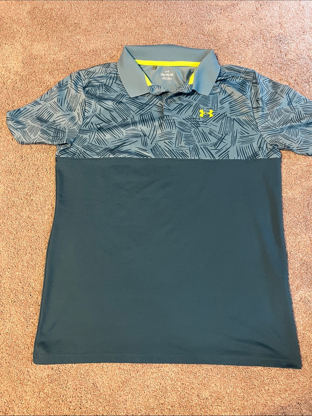 Under Armour Teal Patterned Chest-Panel Polo with Lime Logo